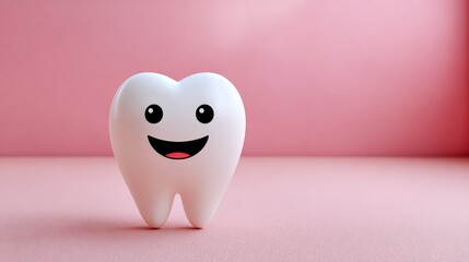 A tooth with a smile on it is sitting on a pink background. The tooth is smiling and he is happy