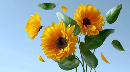 A close up of three yellow flowers with a blue sky in the background. The flowers are surrounded by green leaves and petals. Scene is bright and cheerful, as the yellow flowers