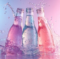 Three glass bottles in vibrant water splash