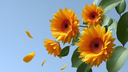 A bouquet of yellow sunflowers with a blue sky in the background. The flowers are in full bloom and the leaves are green. Concept of warmth and happiness, as the bright yellow flowers