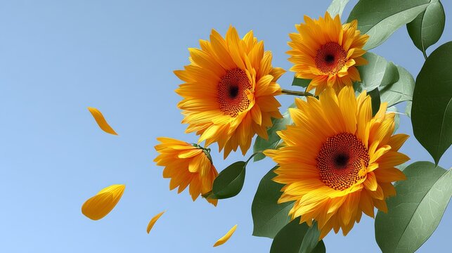 A bouquet of yellow sunflowers with a blue sky in the background. The flowers are in full bloom and the leaves are green. Concept of warmth and happiness, as the bright yellow flowers