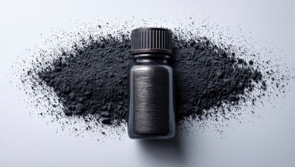 Dark powder pile with small bottle