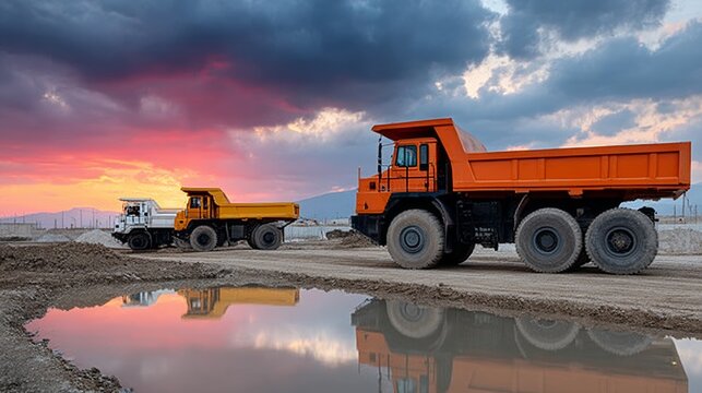 Two orange dump trucks are parked next to a body of water. The sky is cloudy and the sun is setting
