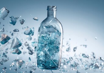 Shattered glass bottle, ice fragments, blue