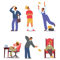 Fragility and strength of human pride and self-respect set with diverse people characters on crown