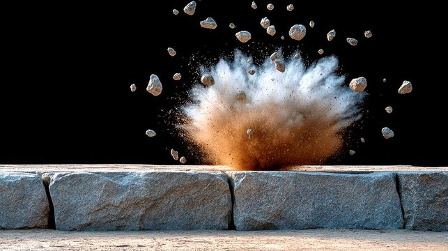 A large rock is being blown up by a bomb. The explosion is creating a cloud of dust and debris