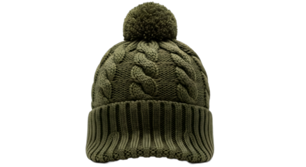 Cozy knitted winter beanie hat with a pom pom in a warm olive green color