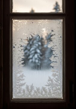 stimmungsvolle Winterlandschaft durch vereistes Fenster gesehen mit weichem Licht und Frostmustern Generative KI