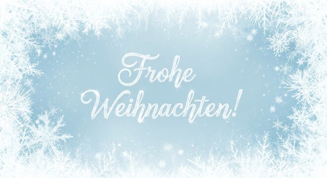 Ein zarter blauer Hintergrund mit wei&szlig;en Schneeflocken und Frostornamenten umrahmt den Schriftzug &bdquo;Frohe Weihnachten!&ldquo; und erzeugt eine festliche Winterstimmung. Generative KI
