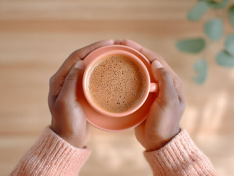 Intimate coffee moment featuring couple in love holding shared mug. Two people sharing a cup of coffee together, hands gently clasping, exuding a cozy and intimate atmosphere filled with connection