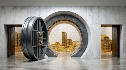 A vault with a large gold coin inside. The vault is open and the gold coins are piled on the floor