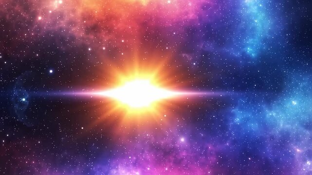 Vibrant cosmic scene showcases a bright starburst against a backdrop of colorful nebulae and stars