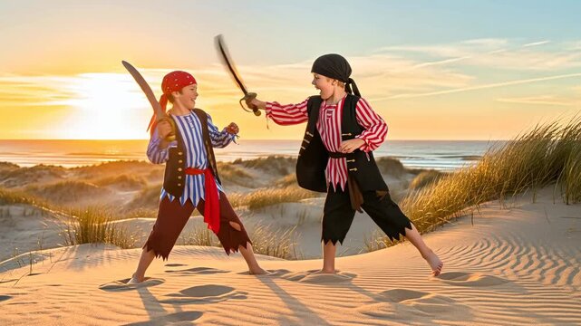 Two boys in pirate costumes playing at beach dunes during sunset, sword fighting for sea adventure game.
