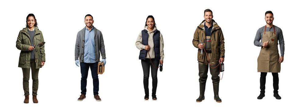 Smiling diverse professionals: forensic anthropologist, museum archivist, pet sitter, riverkeeper, leatherworker. Isolated on a transparent background. Ideal for career guidance, industry blogs,