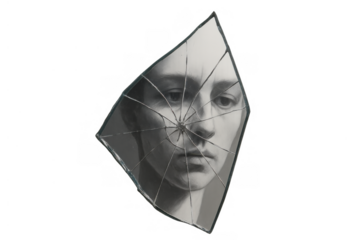 Person's face, a drawing of a sad mournful expression, reflected in a broken mirror. Symbolizing melancholy and despair. Transparent background