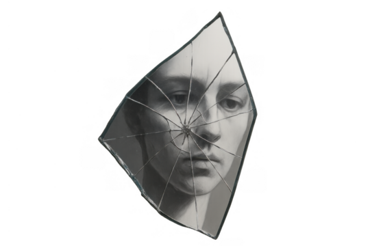 Person's face, a drawing of a sad mournful expression, reflected in a broken mirror. Symbolizing melancholy and despair. Transparent background