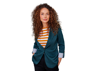 Business casual mature adult woman with curly hair looking at camera, feeling confident and successful on a transparent background