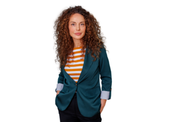Business casual mature adult woman with curly hair looking at camera, feeling confident and successful on a transparent background