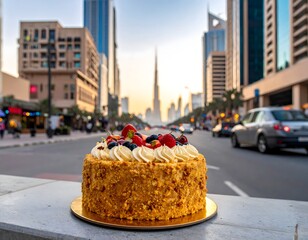 Delicious Berry Cake with Cityscape Backdrop