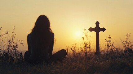 Silhouette of a woman sitting on the grass praying in front of a cross at sunset
