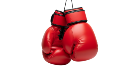 Pair of red leather boxing gloves, hanging by strings, isolated on transparent background. PNG
