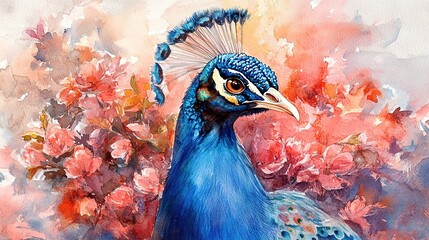 A colorful blue peacock stands proudly in front of pink flowers with isolated background in transparent png format