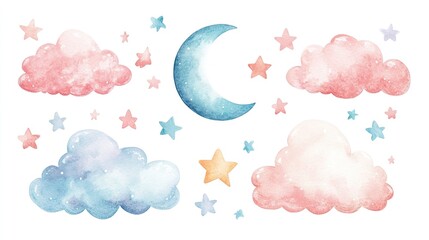Blue moon with pink and blue clouds and colorful stars on transparent background in isolated cute sky illustration PNG