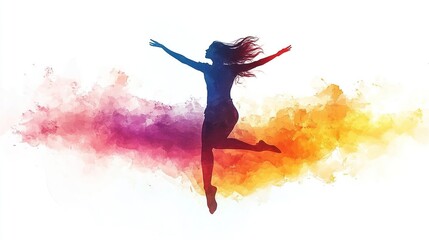 A woman jumps with arms raised surrounded by colorful paint clouds isolated on white background transparent png
