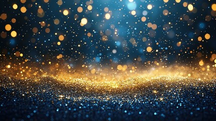 Obraz premium Golden and blue glitter sparkles float above shining surface with glowing lights on transparent png isolated background