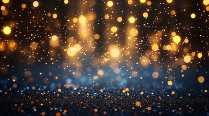 Golden glowing lights sparkle and float over dark glitter background with transparent png isolated effect