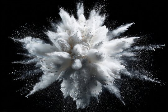 Abstract Powder Explosion with White Dust and Glitter on Black Background Macro Shot