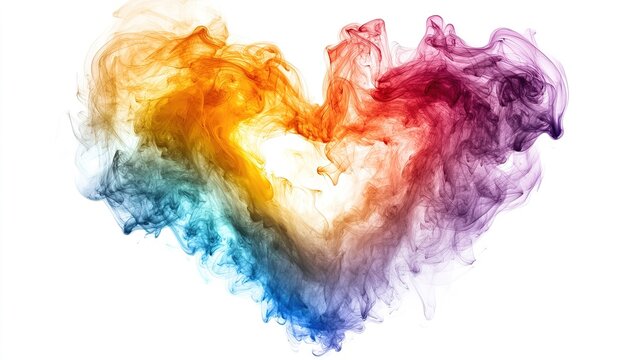 Colorful smoke forms a heart shape with rainbow tones isolated on transparent background png effect
