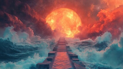 Fototapeta premium A stone path stretches into a fiery glowing sunset as ocean waves crash under dramatic clouds isolated png transparent
