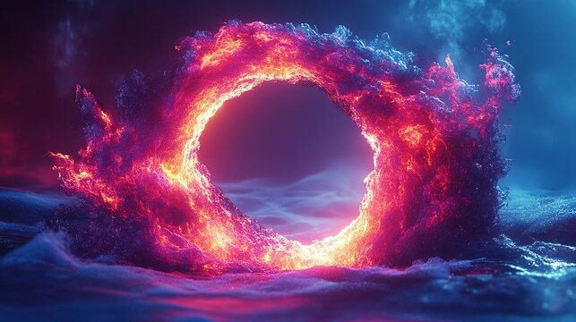 A glowing fiery energy ring floats above dark clouds with bright flames and sparks in a transparent isolated png background
