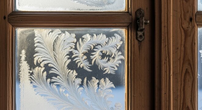Ein vereistes Fenster mit kunstvollen Frostmustern auf der Scheibe erzeugt eine ruhige, winterliche Stimmung und erinnert an kalte Morgen im Winter. Generative KI