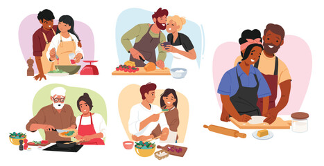 Happy couple enjoying preparing food together cartoon scene with characters of different ages
