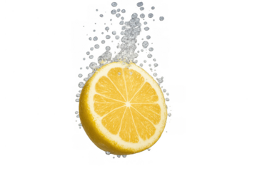 Lemon half falling into water creating splash and bubbles, symbolizing freshness, refreshment, and healthy eating, transparent background