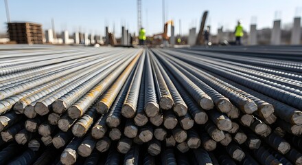 Closeup stack of steel rebars at construction site. Building materials & infrastructure development