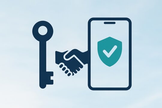 Conceptual illustration of digital security representing trust and access with a key symbol handshake between a smartphone and a security shield conveying integrity authentication assurance