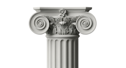 Ornate white Ionic column capital, with volutes and acanthus leaves, isolated on transparent background. PNG