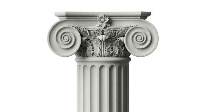 Ornate white Ionic column capital, with volutes and acanthus leaves, isolated on transparent background. PNG