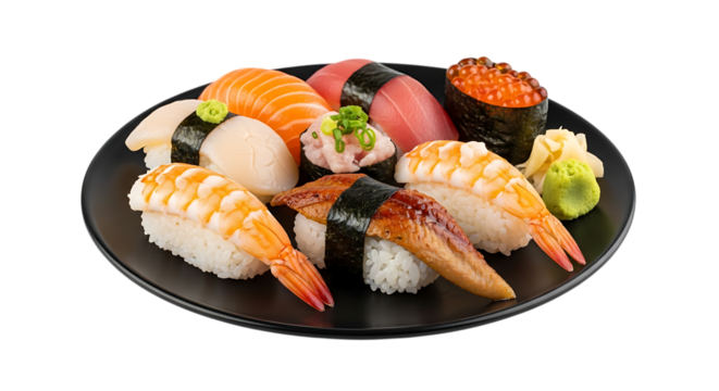 Assortment of Japanese Nigiri Sushi, with Salmon Tuna Shrimp Eel and Roe, isolated on transparent background. PNG - Powered by Adobe