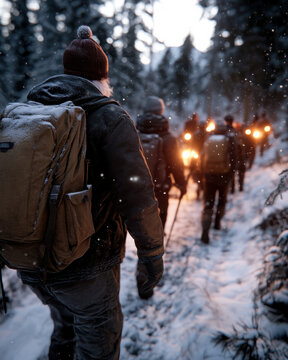 In a snowy woodland, a group of hikers, illuminated by their torches, traverses a winter trail, reflecting unity and courage in the face of nature's challenges.