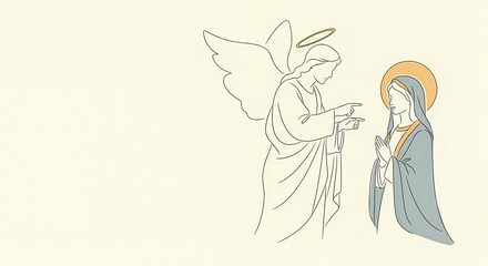 Minimalist line drawing of the Annunciation. Archangel Gabriel announces to Virgin Mary. Biblical Christmas story illustration with copy space