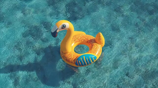 Colorful flamingo pool float on clear blue water