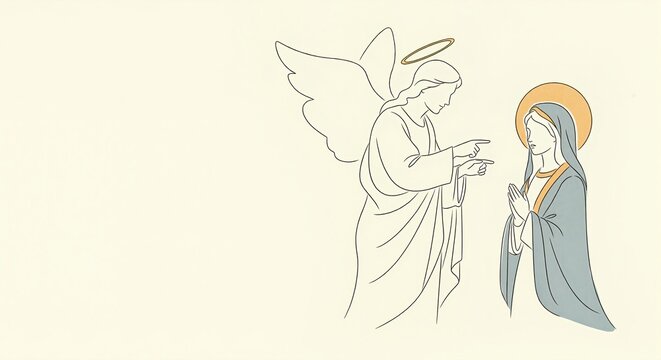 Minimalist line drawing of the Annunciation. Archangel Gabriel announces to Virgin Mary. Biblical Christmas story illustration with copy space