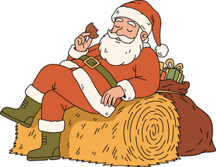 Santa Claus Enjoying a Cookie and Resting on a Hay Bale