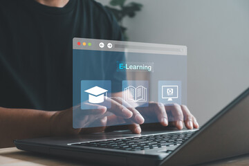Modern e-learning concept. Man hands typing on a laptop with digital education icons, illustrating online courses, remote learning and virtual study tools for efficient digital knowledge access.