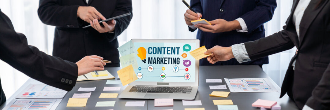 Analyst team use sticky note for creative and analytic brainstorm for business idea with BI data dashboard on laptop screen. Analysis financial data visualization tech for marketing strategy. Prodigy - Powered by Adobe