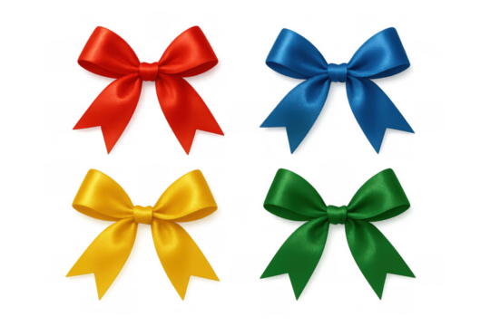 Set of colorful satin bows in red, blue, yellow, and green, creating festive decorations for gifts and holidays on a transparent background